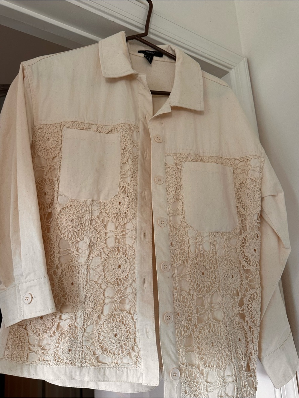 Forever 21 Cream Crochet Panel Button-Down Shirt
